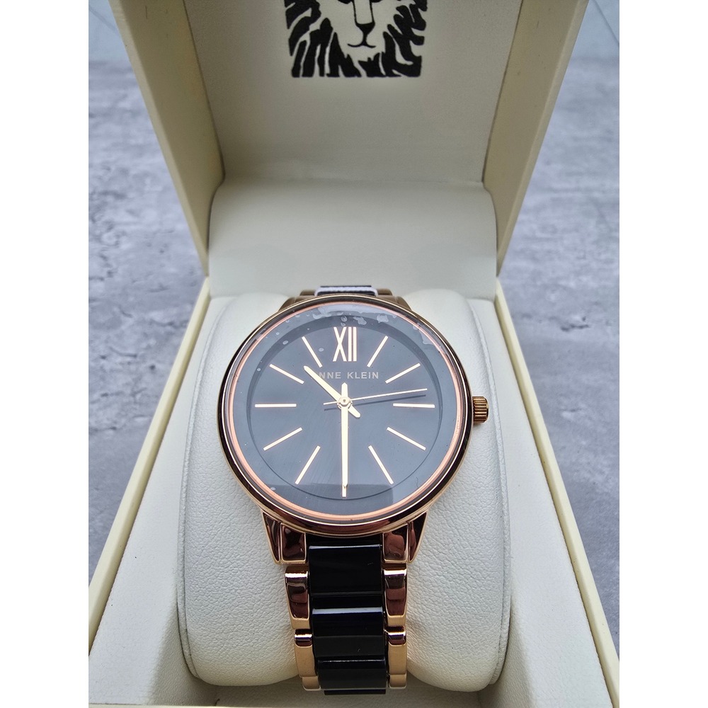 Anne Klein Rose Gold Tone Black Ceramic Link Bracelet Watch Boxed